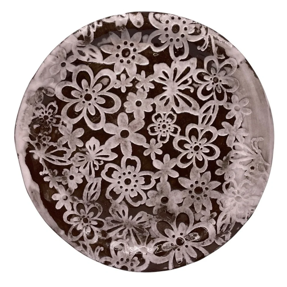 Handmade Floral Studio Pottery Plate - Decorative Ceramic Platter, Signed 13.5”
